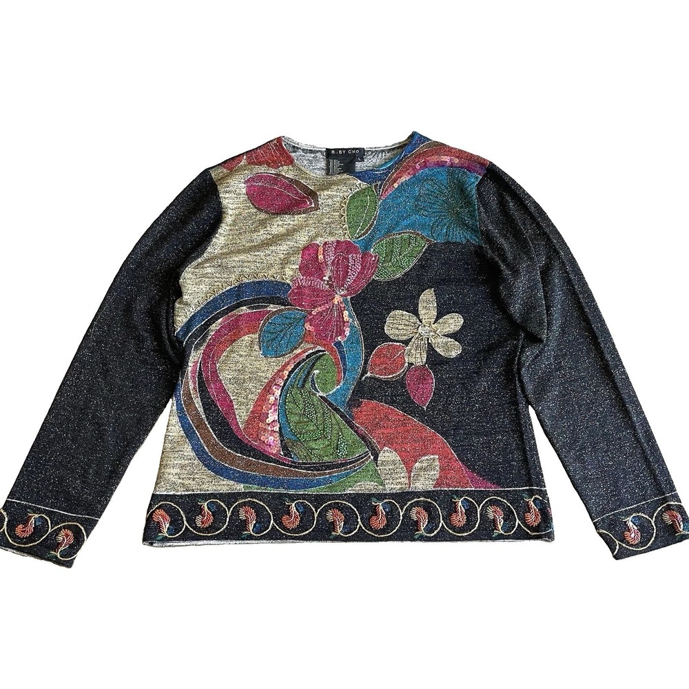 Ruby Cho Silk Silk Beaded Lightweight Sweater Large Metallic Y2K Art To Wear